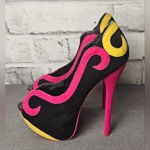 Shiekh Velvet Platform Stilettos Black Pink Yellow Flame Heels Size 6